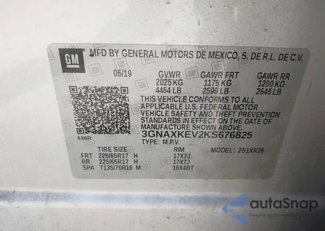 2019 Chevrolet Equinox Lt z USA, uszkodzony, nr VIN 3GNAXKEV2KS676825